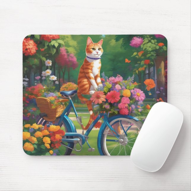 Cat On Bicycle with Colourful Flowers Mouse Pad (With Mouse)