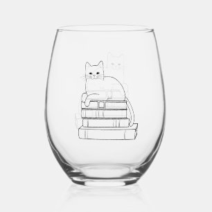 Cat on Books Line Art Stemless Wine Glass