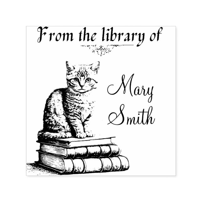 Cat on Books Personalised Self Inking Rubber Stamp (Design)