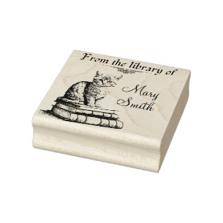 Cat on Books Personalised Wood Art Stamp for books