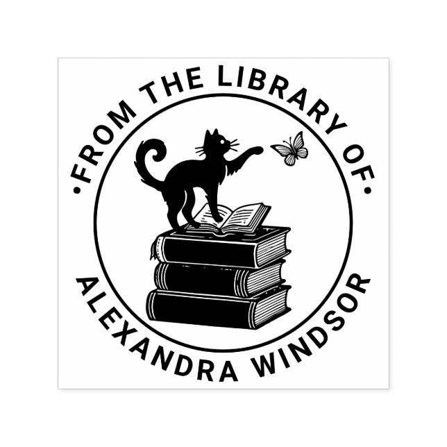 Cat on Books Swatting Butterfly Library Book Name Self-inking Stamp (Design)