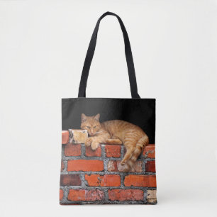 Cat on Brick Wall Tote Bag