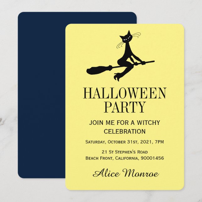Cat On Broomstick, Halloween Party Invitation (Front/Back)