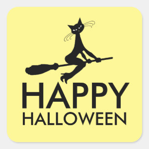 Cat On Broomstick, Happy Halloween Square Sticker