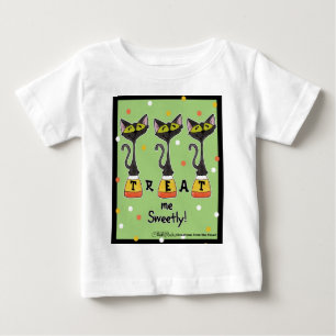 Cat on Candy Corn Treat Me Sweetly-Green Baby T-Shirt