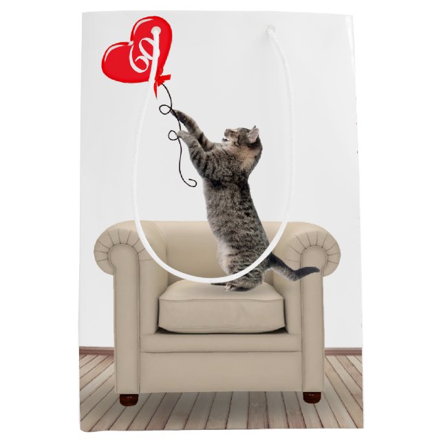 Cat On Chair with 60th Birthday Balloon  Medium Gift Bag (Front)