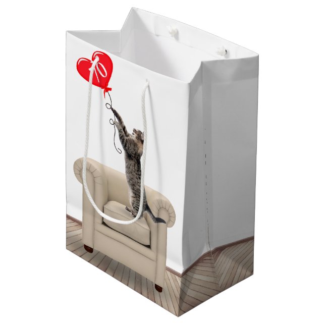 Cat On Chair with 70th Birthday Balloon Medium Gift Bag (Front Angled)