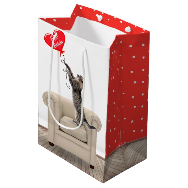 Cat On Chair With Birthday Heart Balloon  Medium Gift Bag (Front Angled)