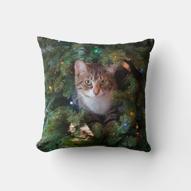 Cat on Christmas tree Cushion (Front)