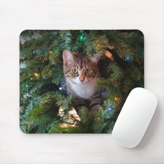 Cat on Christmas tree Mouse Mat (With Mouse)