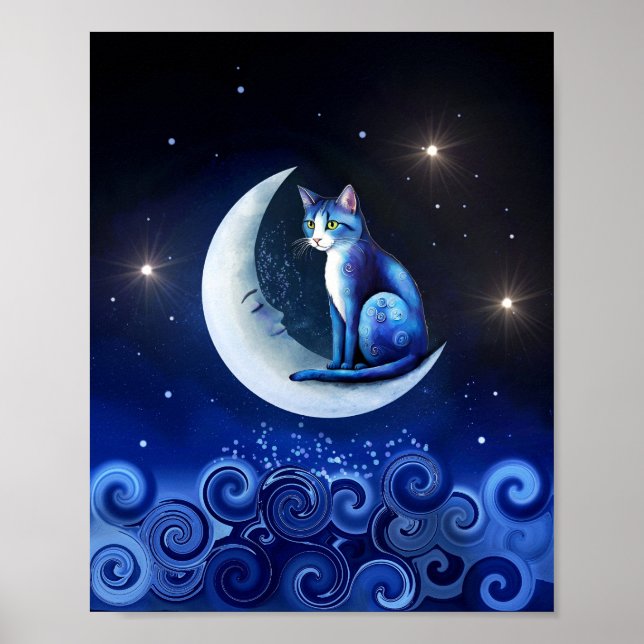 Cat on Crescent Moon blue Cat 773 Poster (Front)