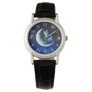 Cat on Crescent Moon blue Cat 773 Watch