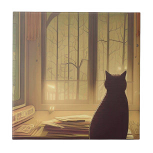 Cat on desk with papers looking at trees outside tile