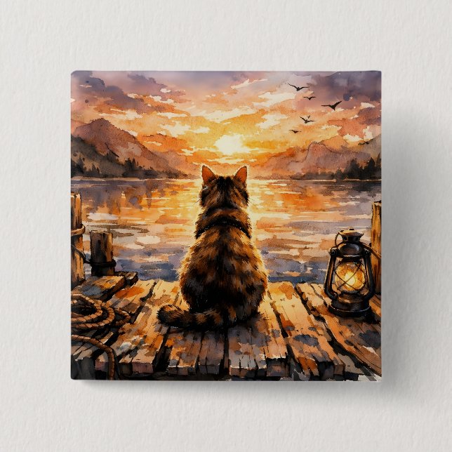 Cat on Dock at Sunset 15 Cm Square Badge (Front)