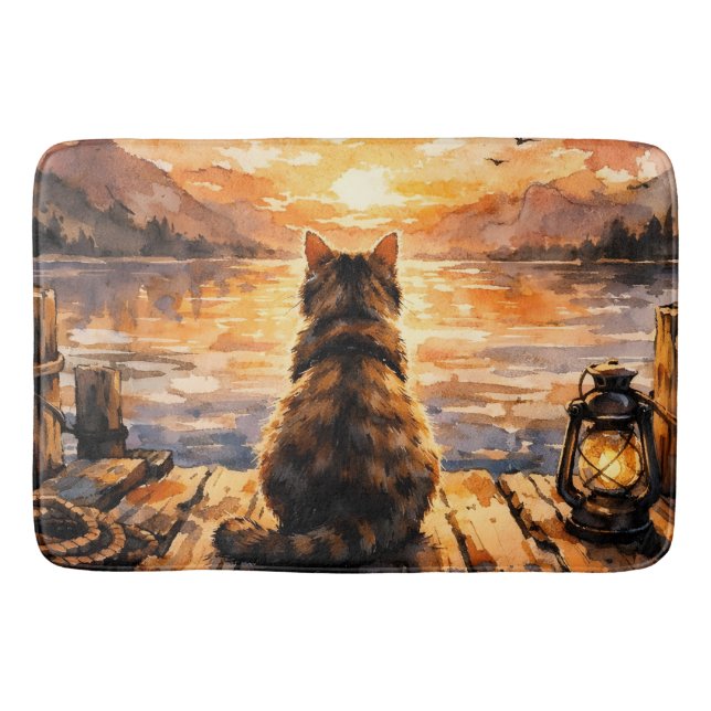 Cat on Dock at Sunset Bath Mat (Front)