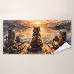 Cat on Dock at Sunset Bath Towel Set