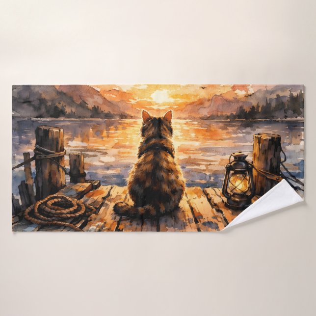 Cat on Dock at Sunset Bath Towel Set (Bath Towel)