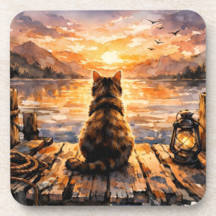 Cat on Dock at Sunset Coaster