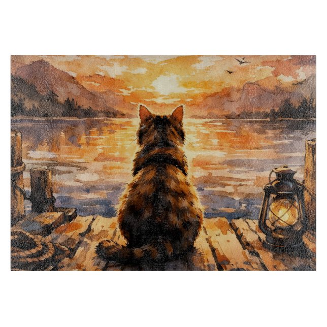 Cat on Dock at Sunset Cutting Board (Front)