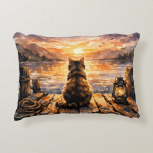 Cat on Dock at Sunset Decorative Cushion