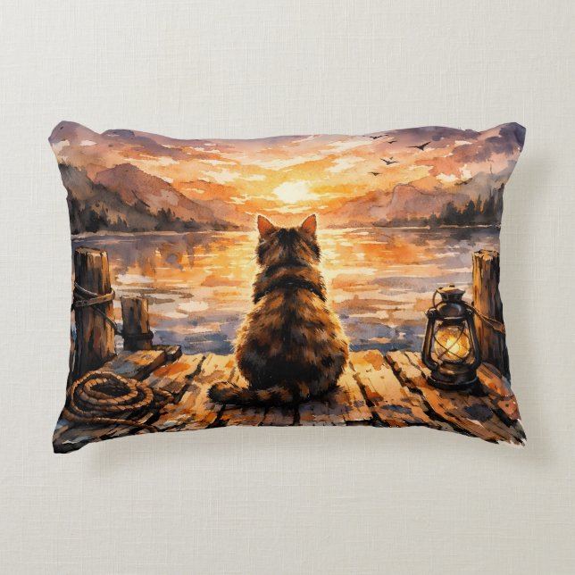 Cat on Dock at Sunset Decorative Cushion (Front)
