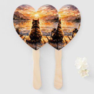 Cat on Dock at Sunset Hand Fan
