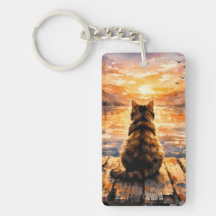Cat on Dock at Sunset Key Ring