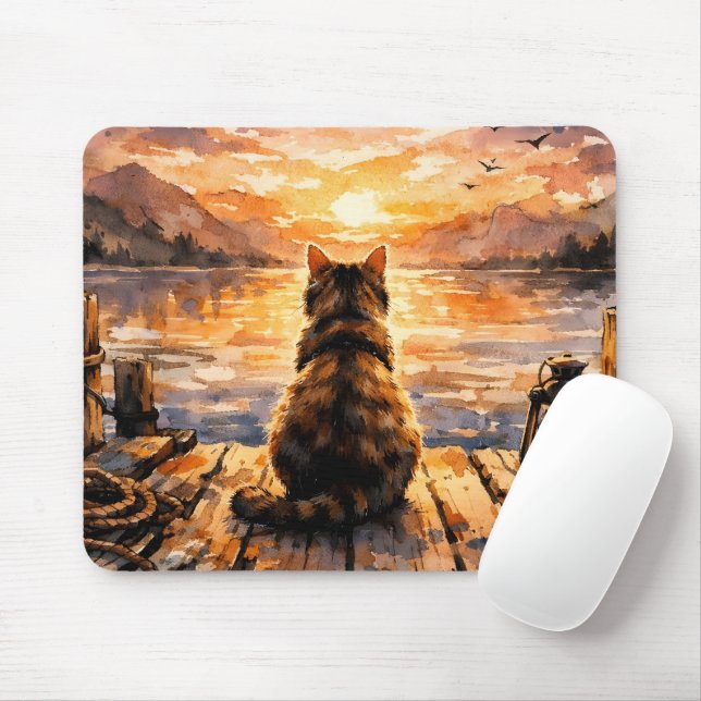 Cat on Dock at Sunset Mouse Mat (With Mouse)