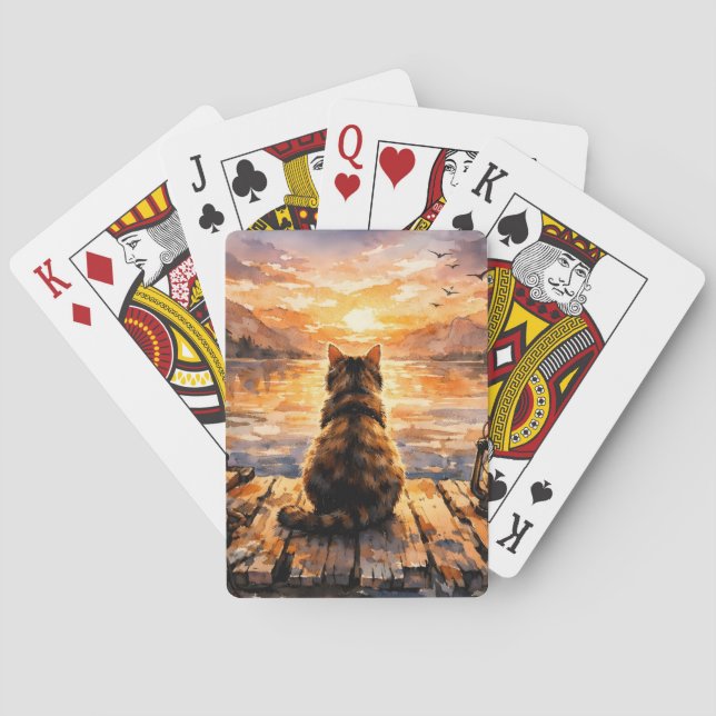 Cat on Dock at Sunset Playing Cards (Back)