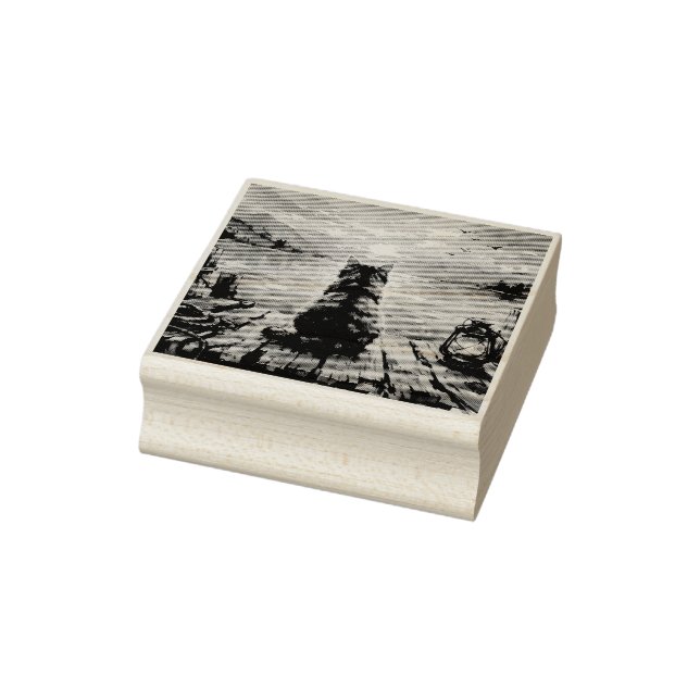 Cat on Dock at Sunset Rubber Stamp (Stamp)