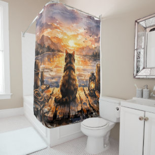 Cat on Dock at Sunset Shower Curtain