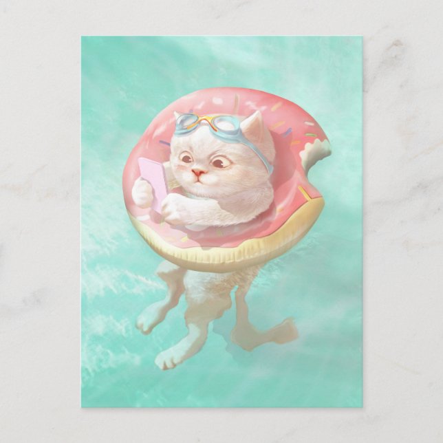 Cat on Doughnut Pool Float Announcement Postcard (Front)