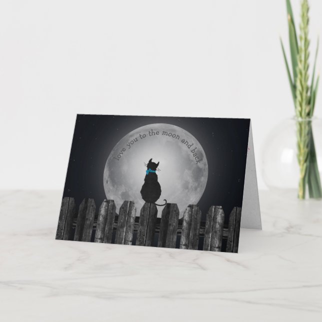 cat on fence with full moon valentine holiday card (Front)