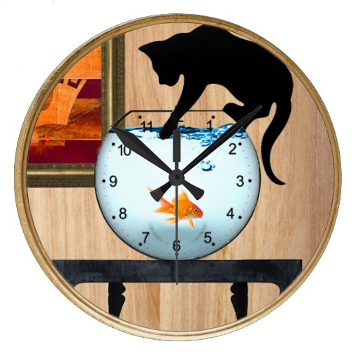 Image of cat on fishbowl wall clock