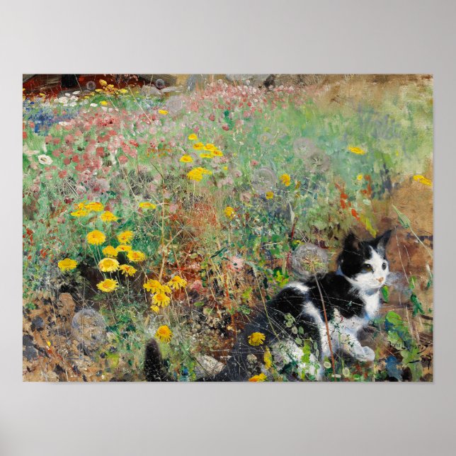 Cat on Flowerbed Poster (Front)