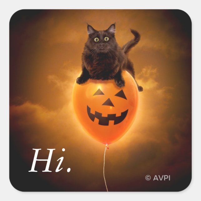 Cat on Halloween Balloon Square Sticker (Front)
