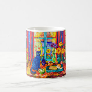 Cat on Kitchen Table by Window Coffee Mug