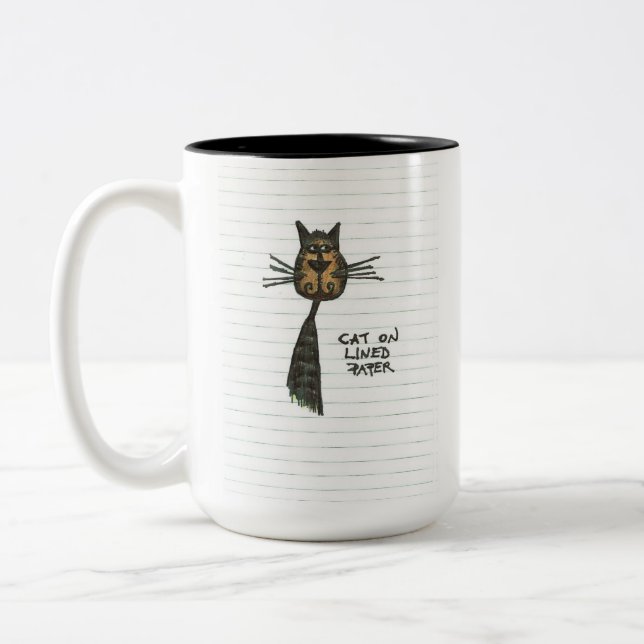 Cat on Lined Paper Two-Tone Coffee Mug (Left)
