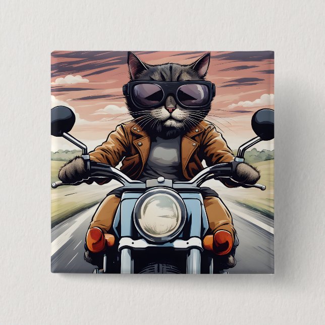 Cat on motorbike 15 cm square badge (Front)