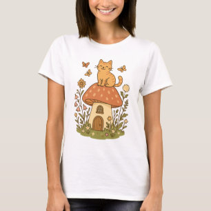 Cat on Mushroom Cottagecore Design T-Shirt