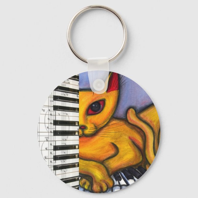 Cat on Piano Keyboard Key Ring (Front)