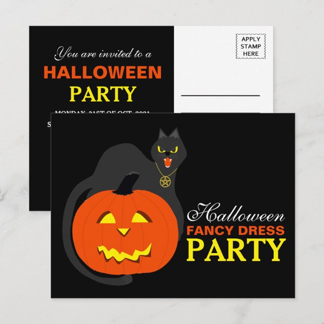 Cat on Pumpkin Halloween Fancy Dress Party Invite (Front/Back)