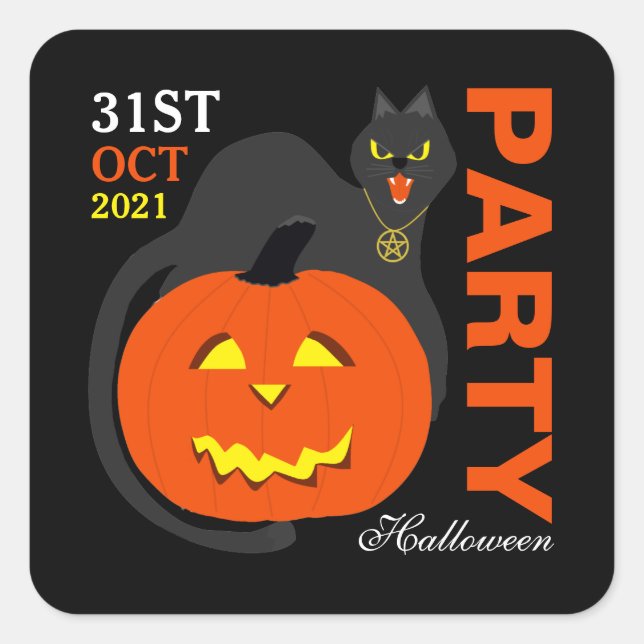 Cat on Pumpkin, Halloween Party Square Sticker (Front)