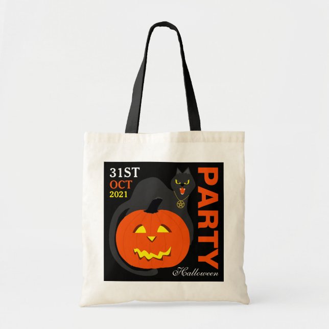 Cat on Pumpkin, Halloween Tote Bag (Front)