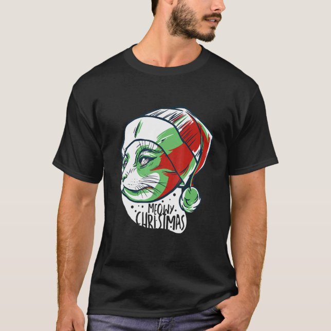 Cat On Santa Hat Meow Christmas T-Shirt (Front)