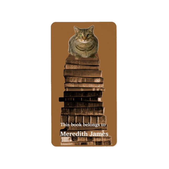 Cat on Stack of Books  Bookplate Label (Front)
