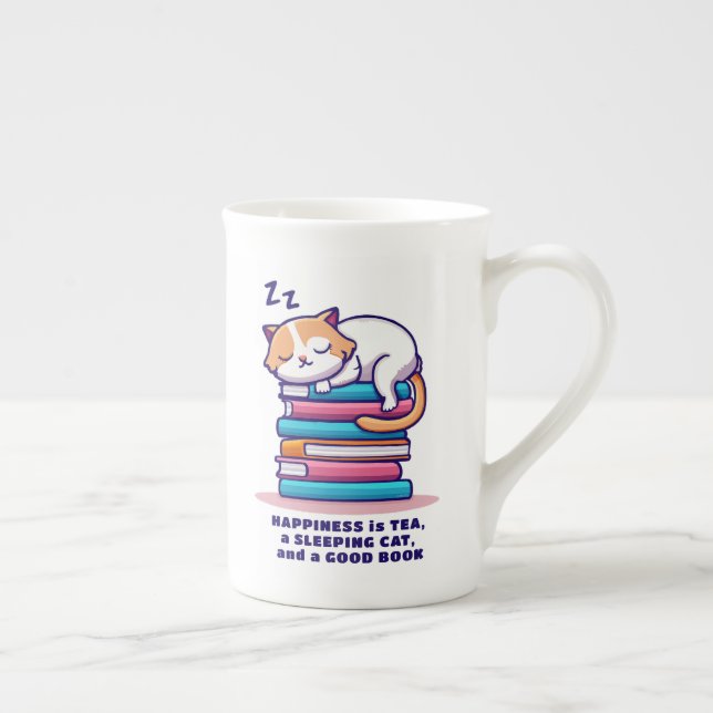 Cat on Stack of Books Cute Personalised Reader Tea Bone China Mug (Right)
