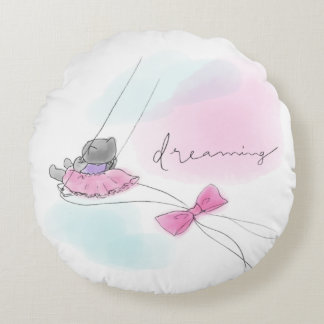 Cat on Swing Pastel Watercolor Round Cushion