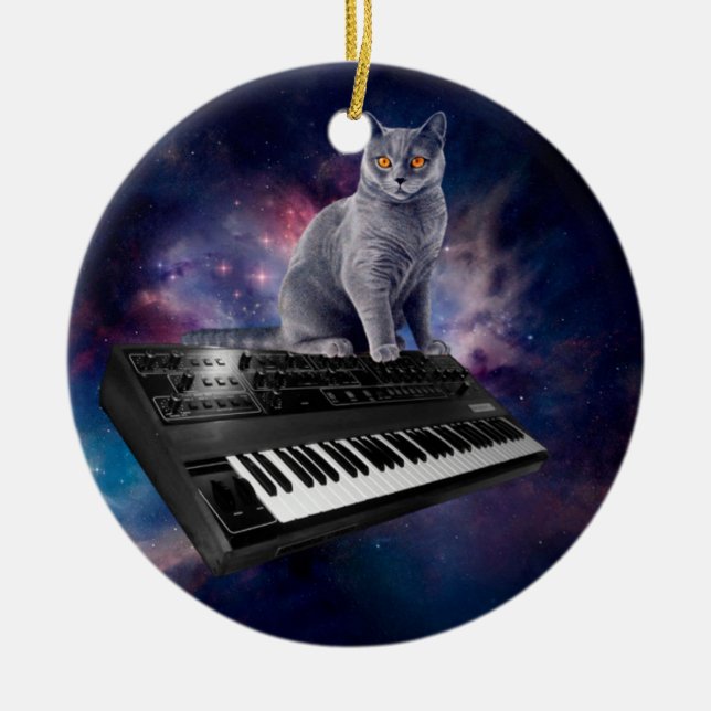 Cat on synthesizer in space ceramic tree decoration (Front)