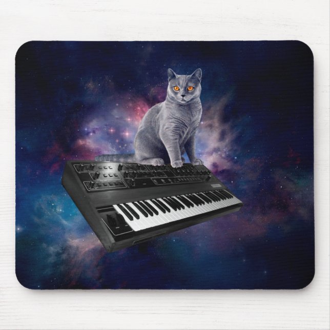 Cat on synthesizer in space mouse mat (Front)